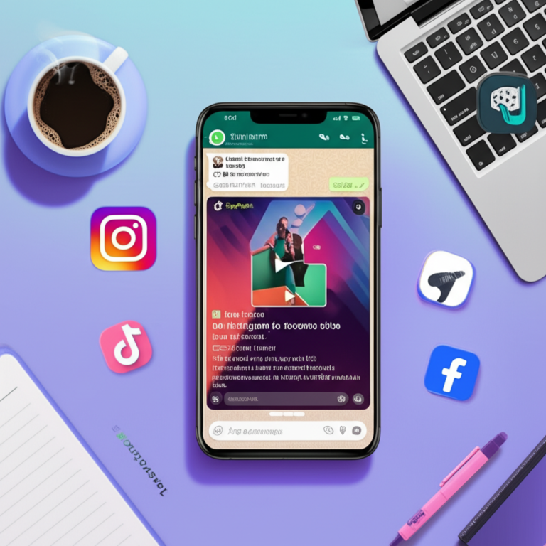 Smartphone showing ZapPost sending daily Instagram and TikTok post templates via WhatsApp, surrounded by social media icons and a workspace.