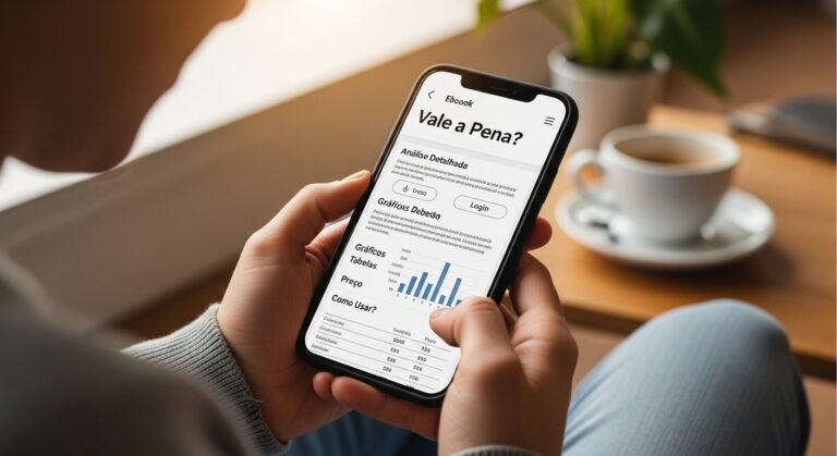 Estudante concentrado em um PDF digital com flashcards de memorização e ícones de leitura dinâmica.