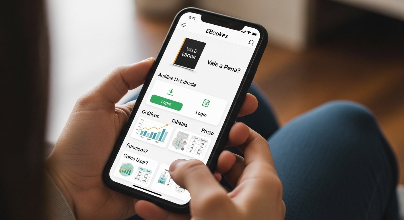 Ilustração de um profissional consultando um ebook digital com frases de assertividade, em um cenário de escritório moderno que simboliza comunicação eficaz e desenvolvimento pessoal