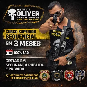 Estudante moderno ao lado de certificado universitário, livros e relógio com '3 meses', capacete de formatura e logotipo MEC. Curso superior sequencial em segurança pública e privada.