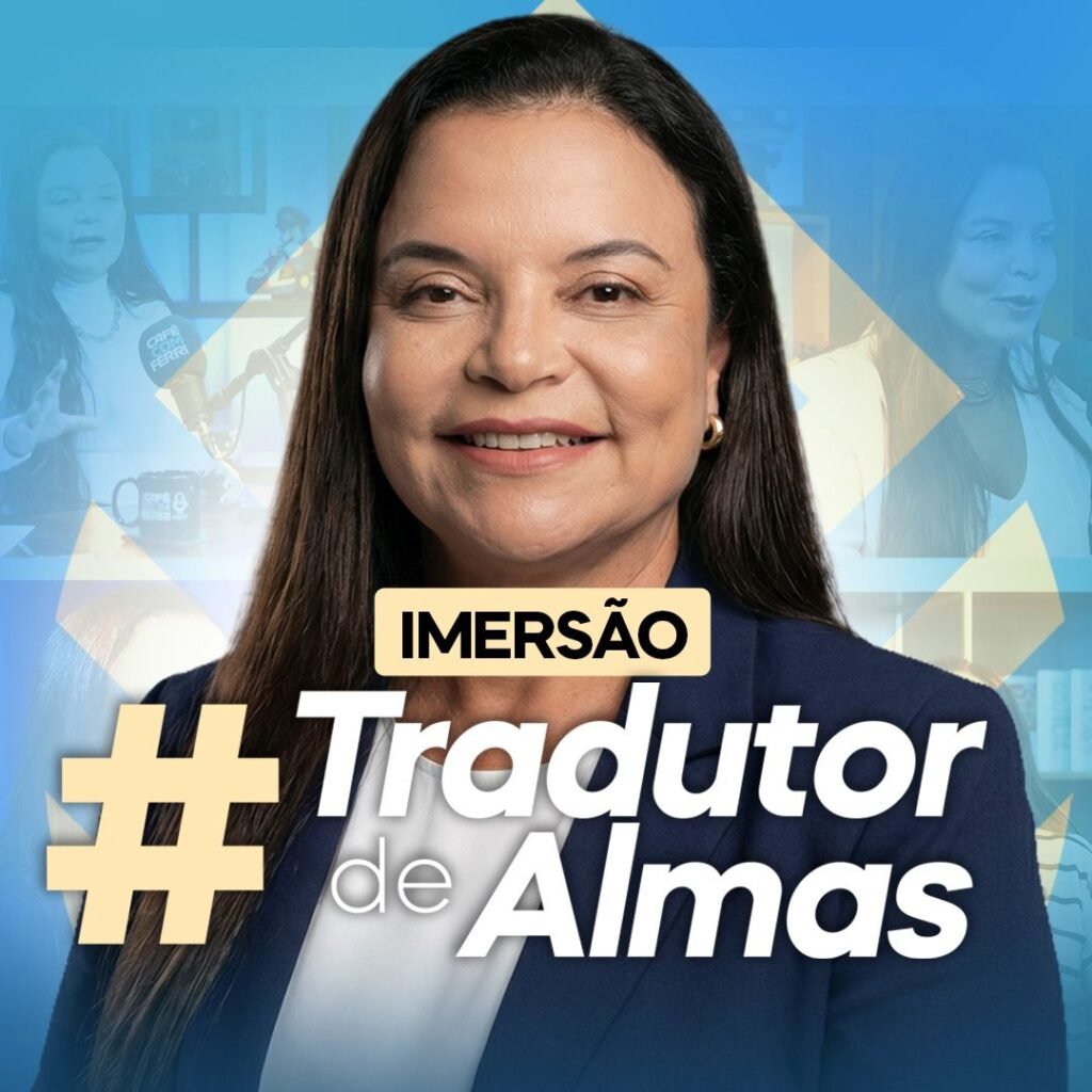 Imagem simbólica da Dra. Andréa Vermont guiando cura emocional com livro e luz, representando o curso 'Tradutor de Almas'.
